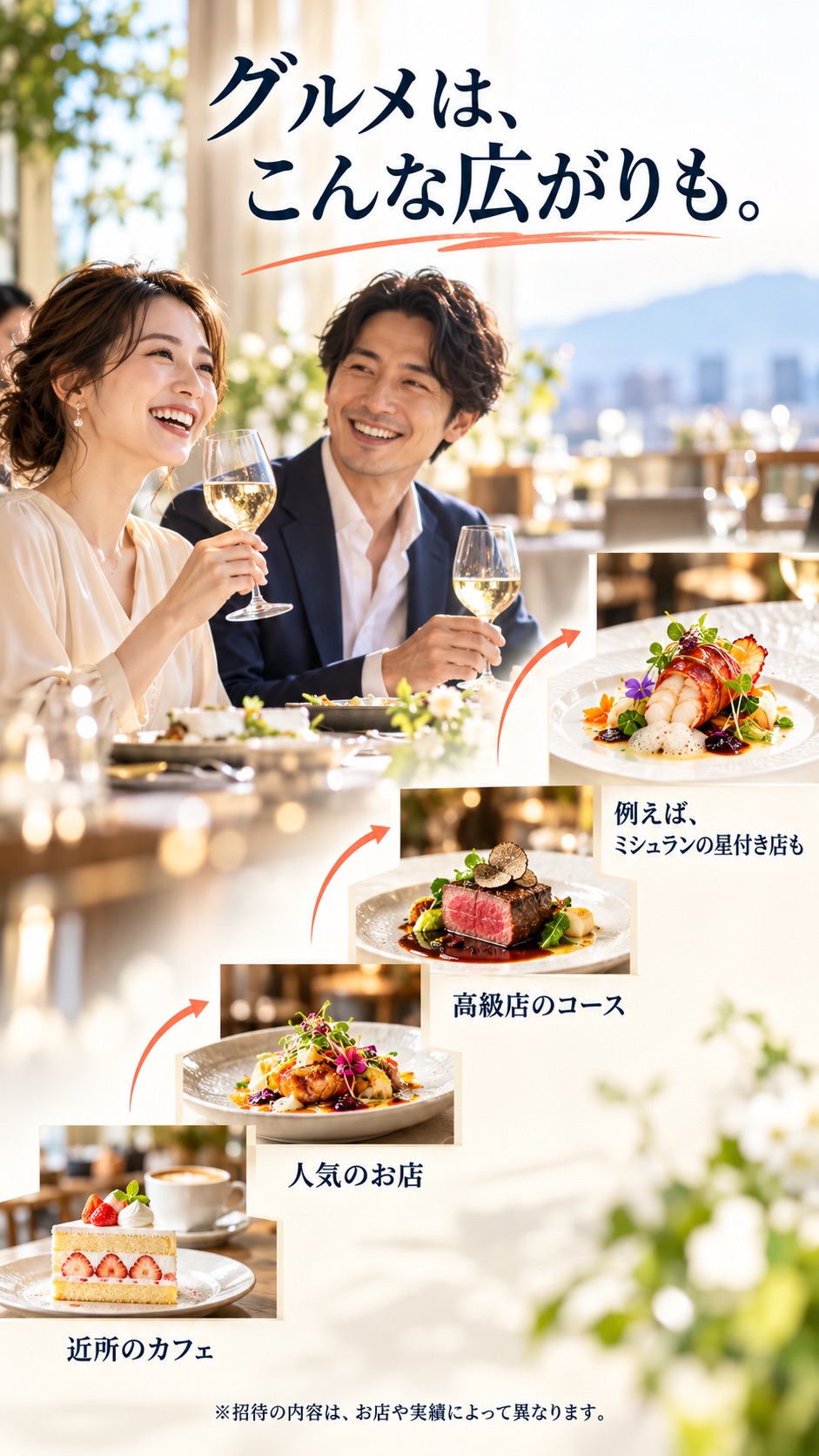 グルメは、こんな広がりも。 近所のカフェ 人気のお店 高級店のコース 例えば、ミシュランの星付き店も ※招待の内容は、お店や実績によって異なります。