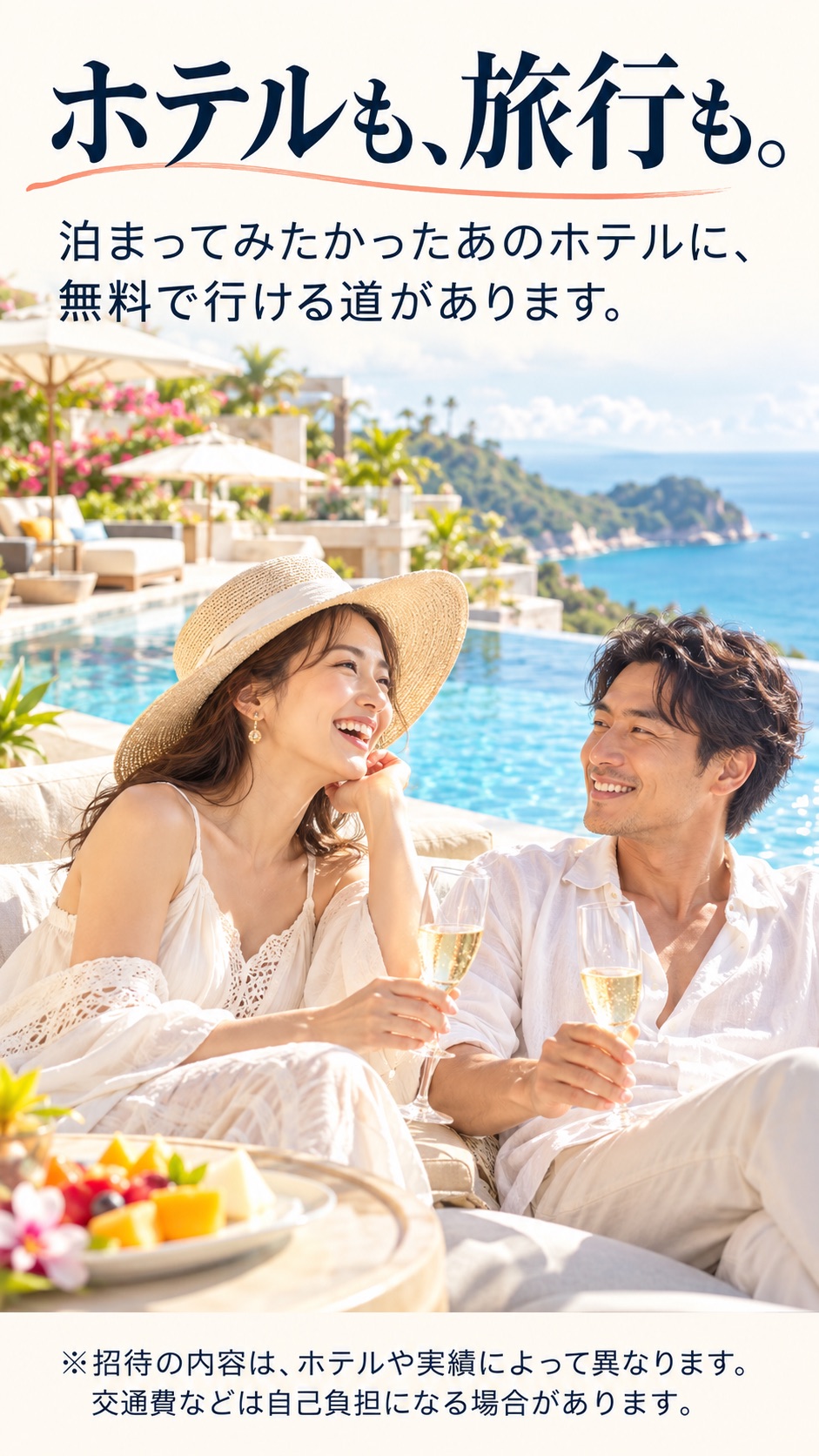 ホテルも、旅行も。 泊まってみたかったあのホテルに、 無料で行ける道があります。 ※招待の内容は、ホテルや実績によって異なります。交通費などは自己負担になる場合があります。