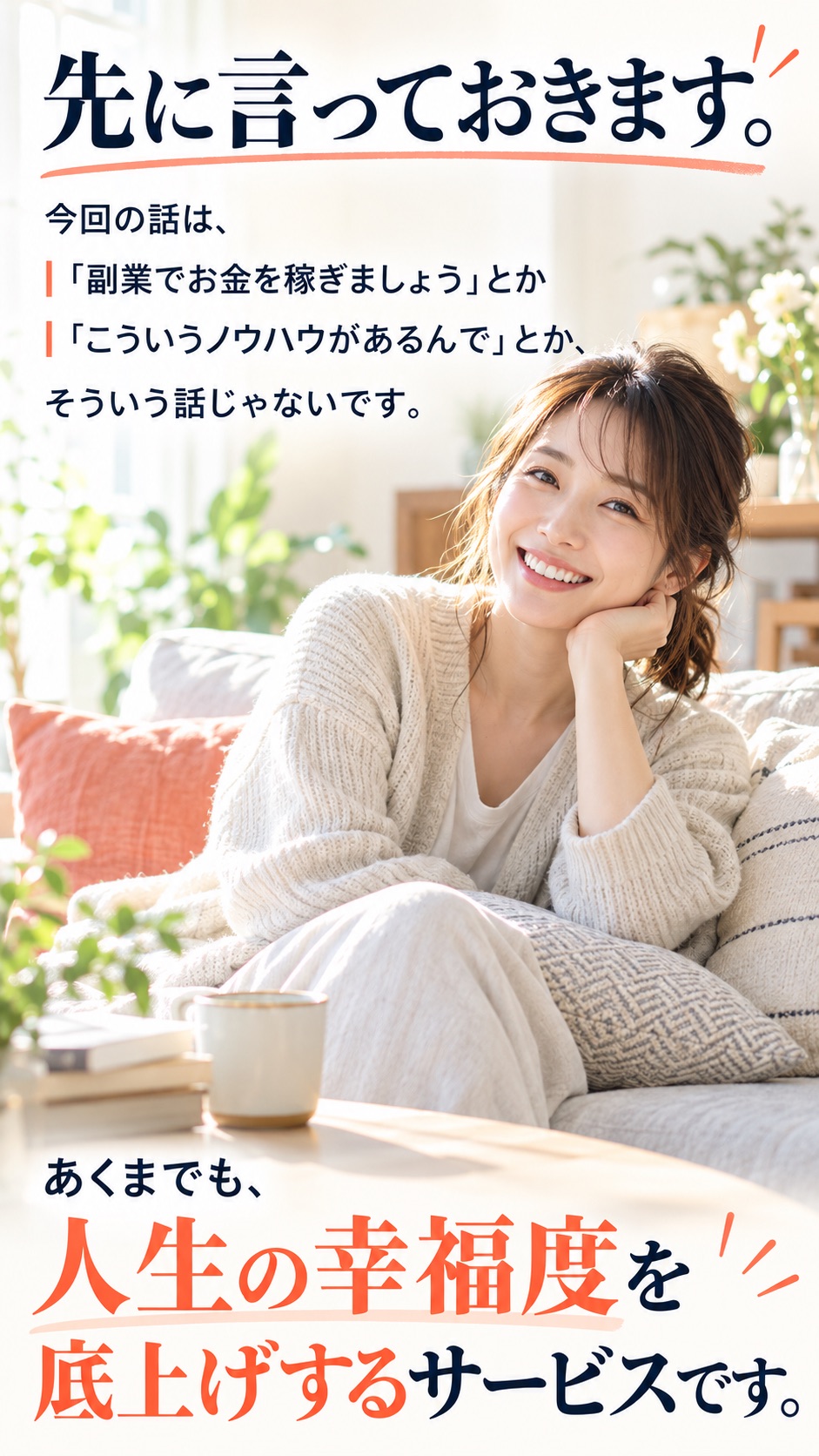 先に言っておきます。 今回の話は、 「副業でお金を稼ぎましょう」とか 「こういうノウハウがあるんで」とか、 そういう話じゃないです。 あくまでも、 人生の幸福度を底上げするサービスです。
