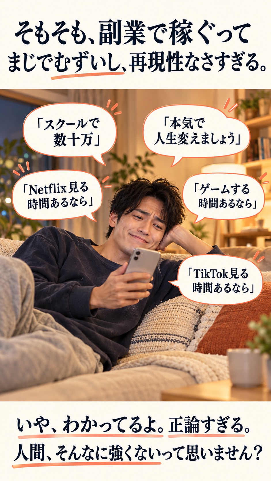 そもそも、副業で稼ぐって まじでむずいし、再現性なさすぎる。 「スクールで数十万」 「本気で人生変えましょう」 「Netflix見る時間あるなら」 「ゲームする時間あるなら」 「TikTok見る時間あるなら」 いや、わかってるよ。正論すぎる。 人間、そんなに強くないって思いません？